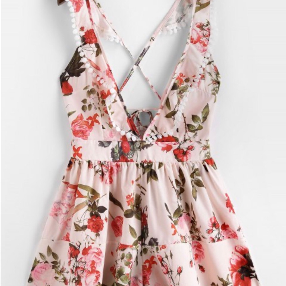 Crochet Trim Plunge Criss Cross Floral Romper
